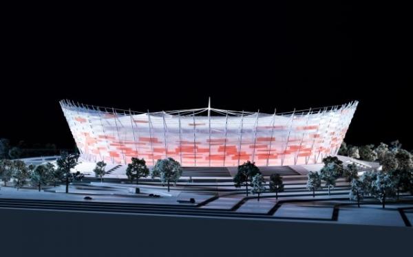 Stadion Narodowy projekt nocą rzut z boku